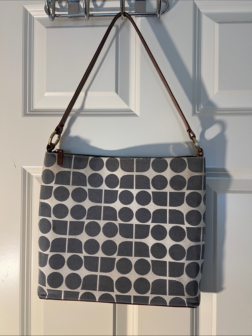 Canvas Geometric Dot Shoulder Bag - Gray & Cream